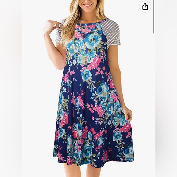 Dresses & Skirts - womens floral t shirt dress striped short sleeve a line shift dress Size Large